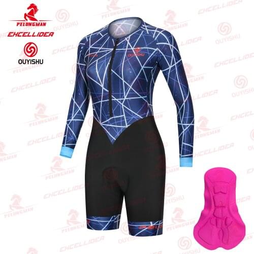 EXCELLIDEA Blue Color Line pattern Cycling Jumpsuit Women Cycling Skinsuit