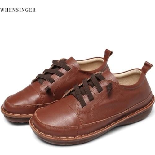 Whensinger -New Breathable Women Casual Shoes Genuine Leather Female Ladies Flat Shoes Woman Footwear Single Shoes