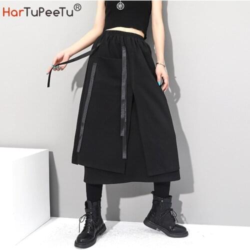 Women Autumn Winter Skirt Black Cotton Elastic High Waist Skirts Plus Size Ribbons Decorate Layered High Split Pocket Irregular