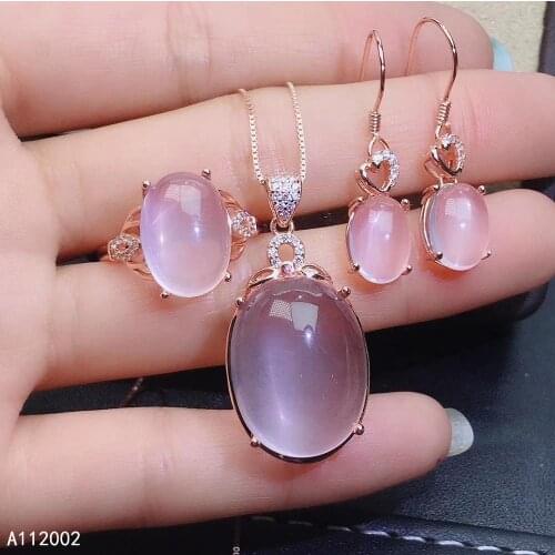 KJJEAXCMY fine jewelry natural Rose Quartz 925 sterling silver women gemstone pendant ring earrings set support test fashion