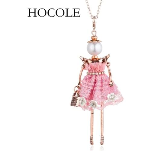 HOCOLE cute doll women pendant necklace 4 colors long chain handmade dress girls fashion jewelry flower necklace collier femme