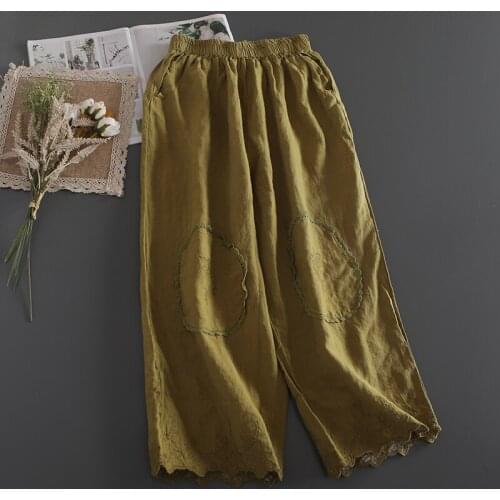 2021 Summer Women Cotton and linen Wide Leg Pants Japan Style Mori Girl Elastic Waist Embroidery Loose Casual Pants
