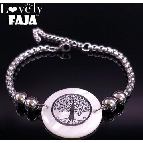 2021 Fashion Shell Stainless Steel Bracelet for Women Tree of Life Silver Color Statement Bracelets Jewelry pulseras B18130