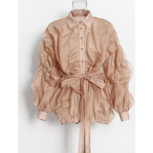 Women Top Shirt Irregular Stitching Summer New Lapel Single Breasted Lace Up Solid Commuter