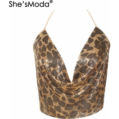ShesModa Leopard Deep V-neck Top Alloy Metal Halter Backless Party Club Womens Bralette Vest