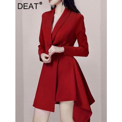 DEAT Women Red Asymmetrical Pockets Sashes High Waist Dress New Notched Neck Long Sleeve Slim Fashion Tide Summer 2021 7E1035