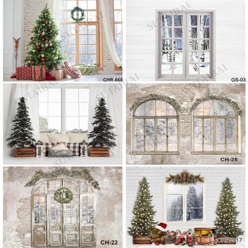 Winter Christmas Portrait Photography Backdrop Window Floral Snow Birthday Background Christmas Trees Family Party Decoration