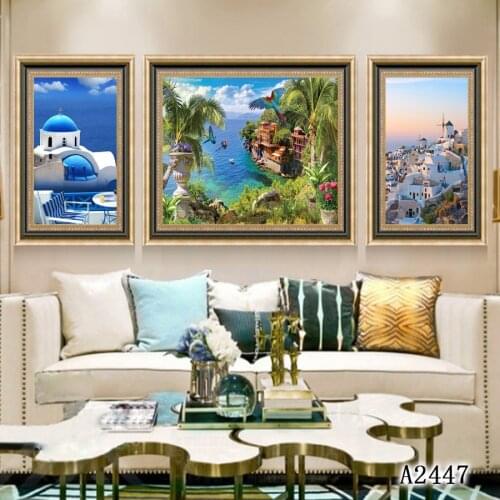 Modern Abstract Oil Painting Print on Canvas 3pcs Mediterranean Sea Seascape Printing Wall Art Picture Painting for Home Decor