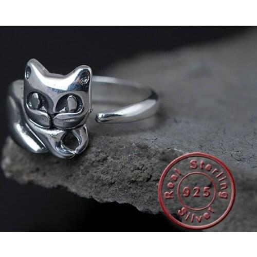 Amxiu Vintage Antique Silver Rings 925 Sterling Silver Open Ring Handmade Cute Cat Ring For Girls Accessories Women Jewelry Gift