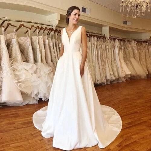 Angelsbridep Strap A-Line Wedding Dress Vestidos De Novia Simple Satin Court Train Wedding Bride Dress Vestido De Fiesta De Boda