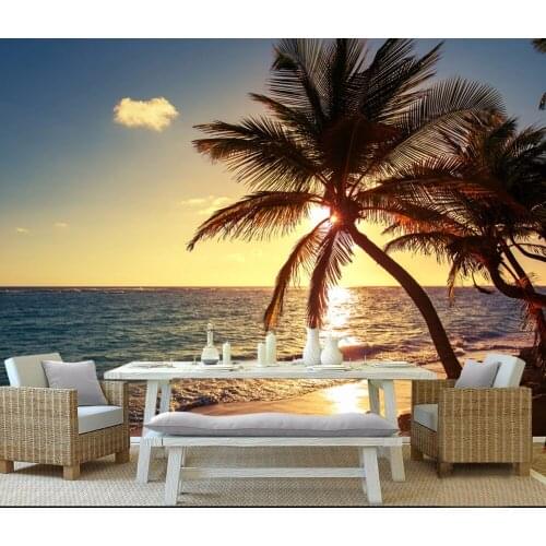Bacaz Sea Sunrise Lanscape Coconut Tree Palm Wallpaper Murals Cloud Scenery for Bedroom Sofa Background 3d Wall stickers