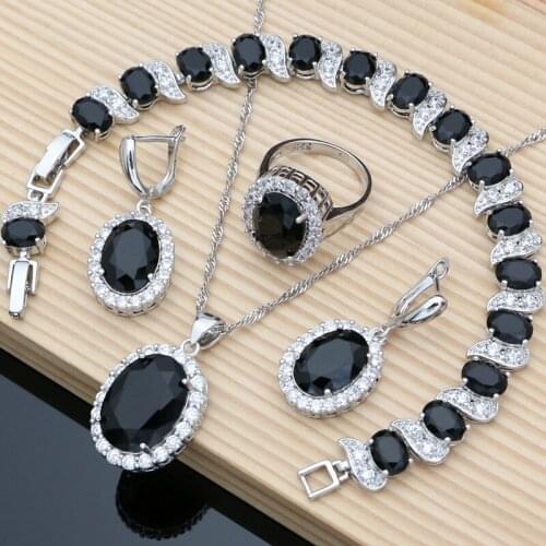 Black Sapphire 925 Silver Jewelry Sets Earrings Rings Accessories Women Wdding Fine Jewellry Necklace Set Dropshipping