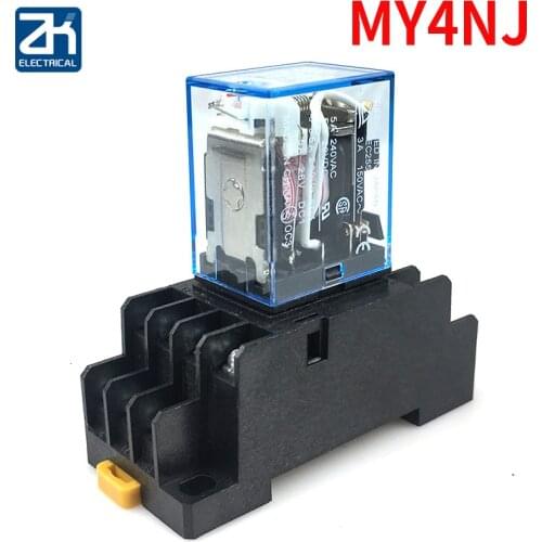 1Pcs MY4NJ Electronic Micro Mini Electromagnetic Relay 5A 14PIN Coil 4DPDT With PYF14A Socket Base DC12V 24V AC110V 220V LED