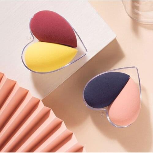 2pcs Non-Latex Material Makeup Sponge With Heart-Shape Plastic Box Wet Dry Amphibious Cosmetic Puff For Foundation Beauty Tools