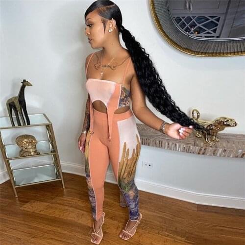 Hipster Knitted Two Piece Set Women Unique Design Middle Bandage Camis Sleeveless Top+Sheath Color Blocking Print Pants