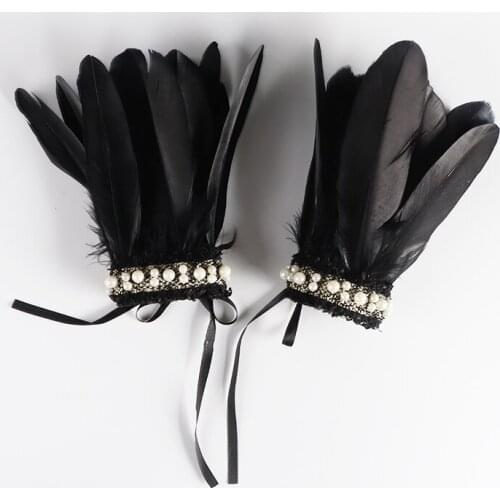 Natural Goose Feather With Pearl Ribbon Ties Wrist Cuffs Cosplay Costume Accessory Gothic Wrist Cuffs Halloween Rave Party Props