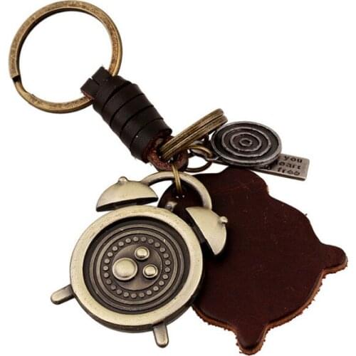 Fashion Metal Leather Key Chain Retro Alarm Clock Pendant Bag Accessories Car Keyring Time Keychain Unisex Children Jewelry Gift