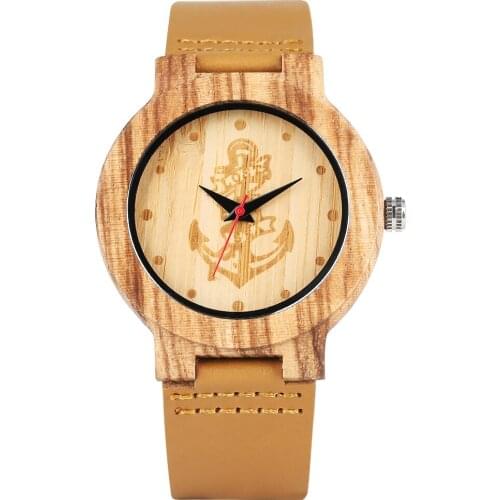 Mens Watch Handmade Wood Quartz Watch Brown Leather Strap Delicate Anchor Pattern Dial Wristwatch