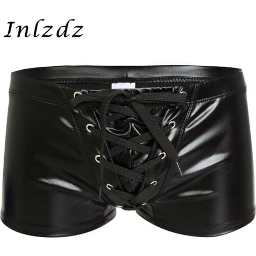 Mens Erotic Lingerie Underwear Patent Leather Drawstring Boxer Briefs Eye-cathching Swimwear Hot Sexy Gay Underwear for Sex