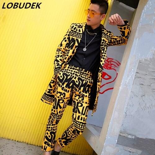 Men Long Casual Slim Fit Blazers Suits 2 Pieces Set (Jacket+Pants) Yellow Letter Pattern Blazer Trousers Suit Nightclub Costume