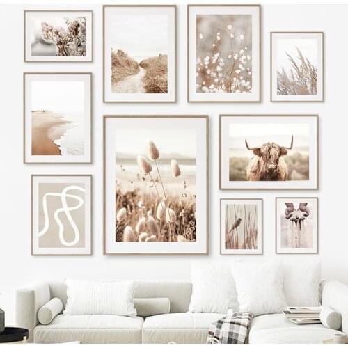 Beach sand grass reed bird tall cow mural canvas painting Nordic posters and prints per living room decoration