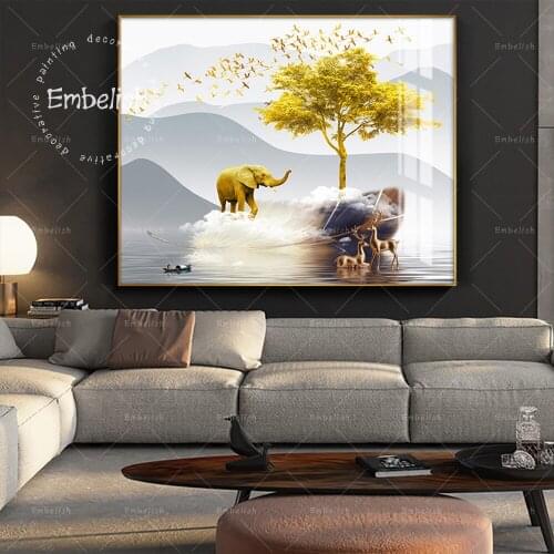 Embelish New Design Nordic Golden Animal Elephant Tree Landscape Posters For Home Decor Wall Art Pictures HD Canvas Paintings