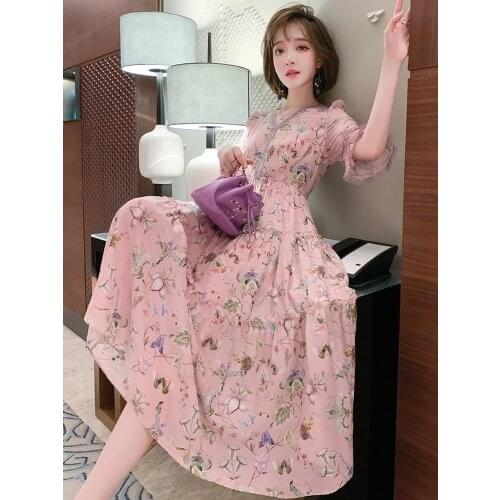 Top Quality lesbian V-neck New summer print dress with flared sleeves, high waist and large hem