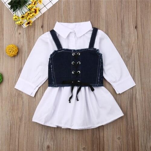 TNewborn Baby Girl Long Sleeve Shirt Dress Sling Denim Vest Autumn Fashion Girls Clothes Set