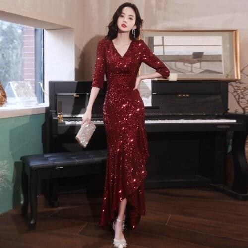 Partysix Evening Dress Sexy V-Neck Sequins Three Quarter Sleeves Ruched Floor-Length New Mermaid Women Formal Party Gown