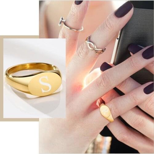 Customize Initial Ring for Women,Engraved Letter Alphabet Oval Top Stamp Wedding Band,Gold Color Solid Metal Party Jewelry Gift