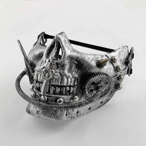 Half Face Steampunk Mask Mens Silver Gears Cosplay Punk Rock Mask