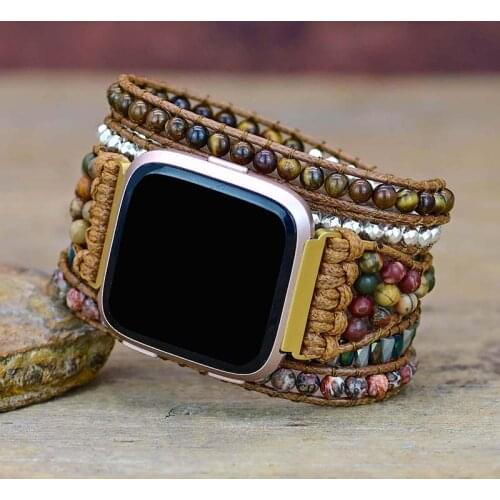 Fashion Tiger-eye Stone Fitbit Versa 2 Watch Band Wax Rope Unique Natural Stone 5 Wrap Fitbit Watch Strap Dropshipping