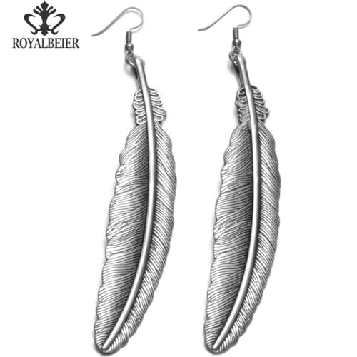 RoyalBeier Tassel Metal Silver Color Feather Dangle Earrings For Women Girl Feather Long Drop Brincos Bijoux Jewelry Earrings