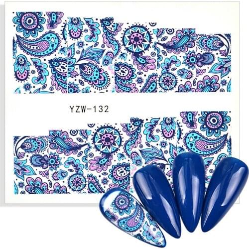 Blue Flowers Geometric Nail Water Decals Spring Simple Theme Floral Leaves Watermarks Sticker Nail Art Decoration For Nails