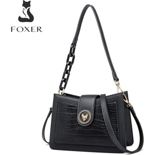 FOXER Vintage Shoulder Bag for Women Cow Leather Ladies Crossbody Bag Fashion Crocodile Grain Female Purse Brand Top-Handle Bag