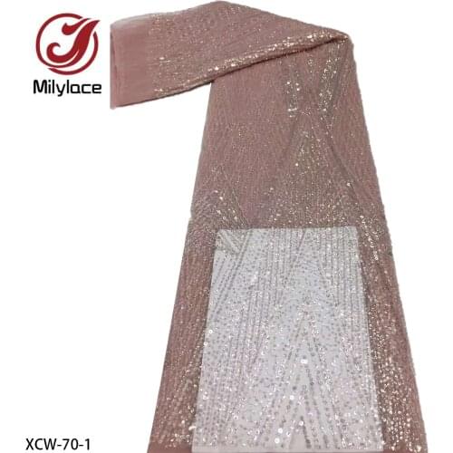High Quality Handmade Beaded Embroidery French Mesh Lace Luxurious Beaded Embroidery Crystal Sequin Lace for Evening Dre XCW-70