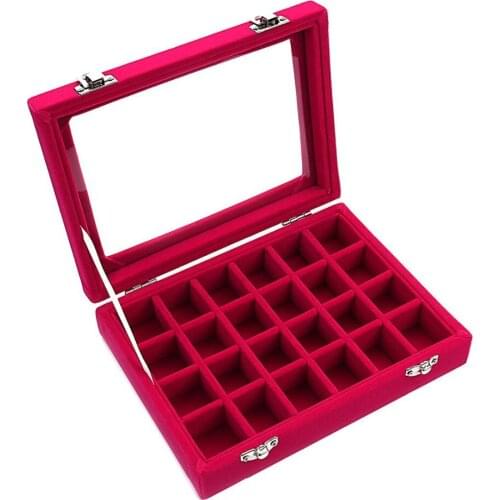 Hot Pink 24 Slot Velvet Glass Jewelry Box Organizer Rings Earrings Tray Display Storage Case