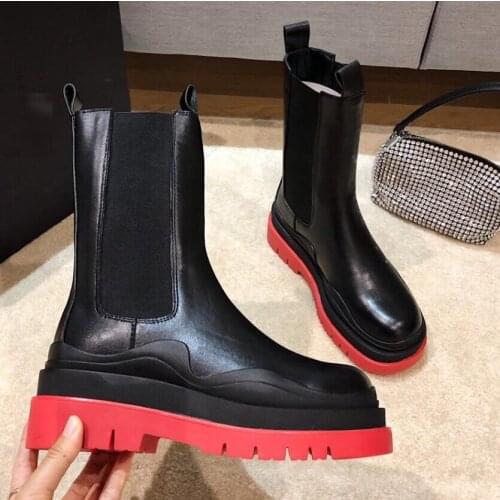 Western black ankle boots for women med thick platform punk chelsea boots slip on leather bottine femme motorcycle woman shoes