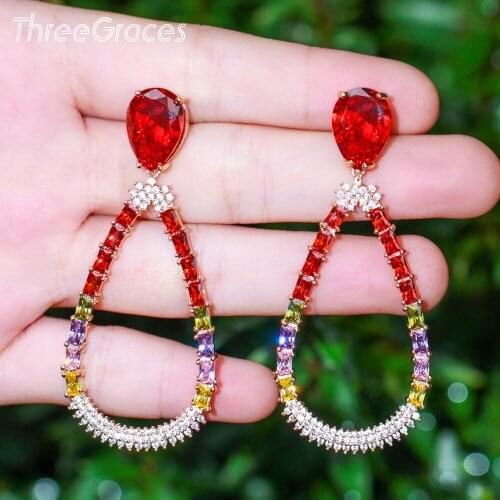 ThreeGraces Exaggerated Long Dangle Drop Earrings for Women Shiny Big Red Cubic Zirconia Gold Color Wedding Party Jewelry ER611