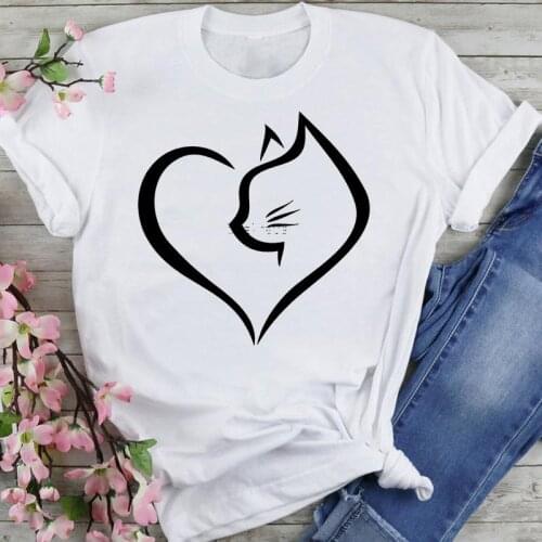 Women Graphic 90s Cat Simple New Love Cute Cartoon Summer Fashion Print Short Sleeve Female Clothes Tops Tees Tshirt T-Shirt