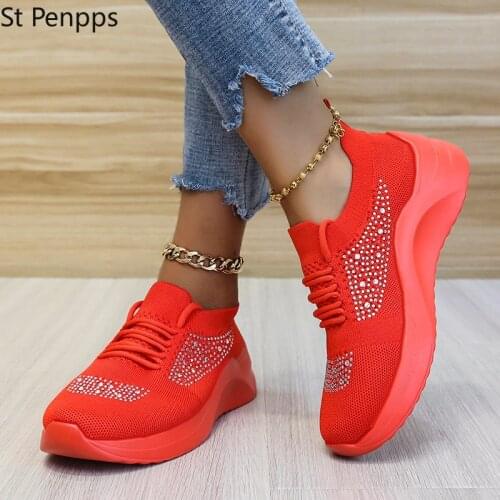 Women Sneakers Summer Plus Size 43 Breathable Knitted Womens Running Shoes Vulcanized Shoe Rhinestone Casual Lace Up