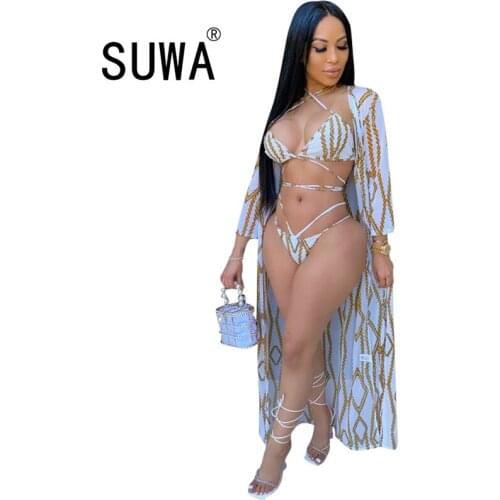 Women Summer Chain Print Clock Long Tops Tie Up Bra Panties Suit Sexy Beach Bikinis Set Tracksuit Swimsuit Wholesale