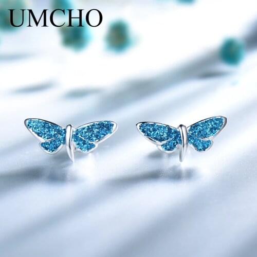 UMCHO Solid 925 Sterling Silver Stud Earrings Blue Glitter Butterfly Silver Earrings For Women Romantic Gift Fine Jewelry