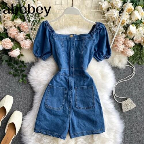 2021 summer women vintage blue denim playsuits short sleeve rompers ladies casual chic pockets jeans jumpsuits