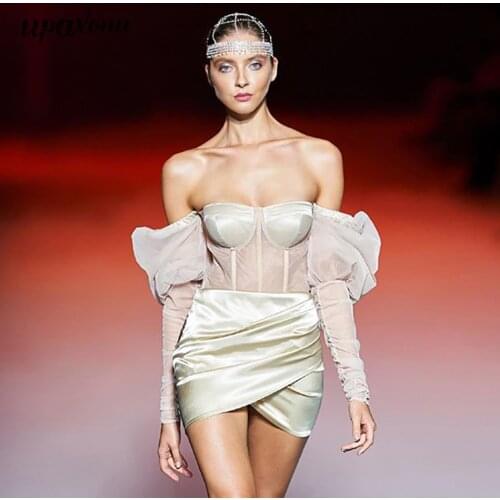 Free Shipping 2021 New Womens Satin Dress Sexy Lantern Sleeve Bodycon Tulle Strapless Dress Club Party Mini Drape Vestidos