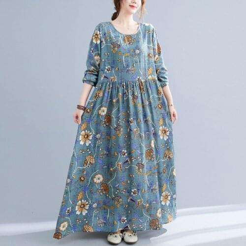 Women Cotton Linen Casual Long Dress New Arrival 2021 Autumn Arts Style Vintage Print Loose Ladies A-line Maxi Dresses B791