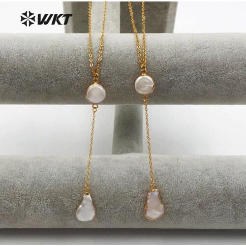 WT-N1127 Bohemia Style Double Natural Freshwater Pearl Gold Dipped Pendant 20 Inch Long With Extend Chain Women Fashion Necklace