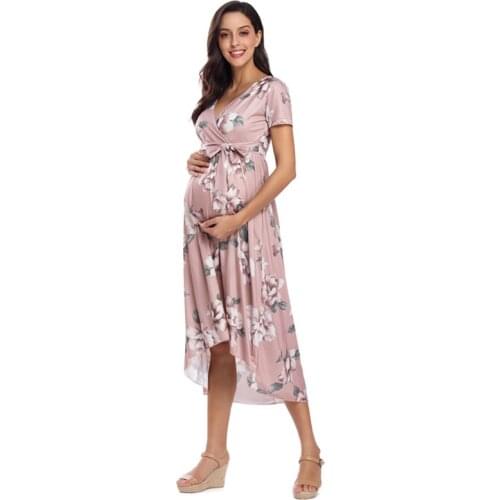 Women High-Low Surplice Wrap Maternity Dress with Waist Belt Floral Print V Neck Knee-Length Dress For Baby Shower Daily Wearing