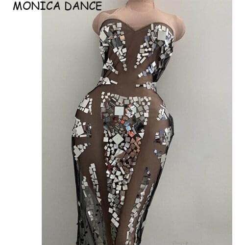 Women Sexy Stage Silver Sequin Transparent Net Dress Birthday Celebrate Dress Prom Party Women Dancer Bar Dress