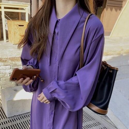2021 New Women Spring Autumn Purple Vintage Loose Long Shirt Dress Sharp Collar Straight Midi Dresses Full Sleeve